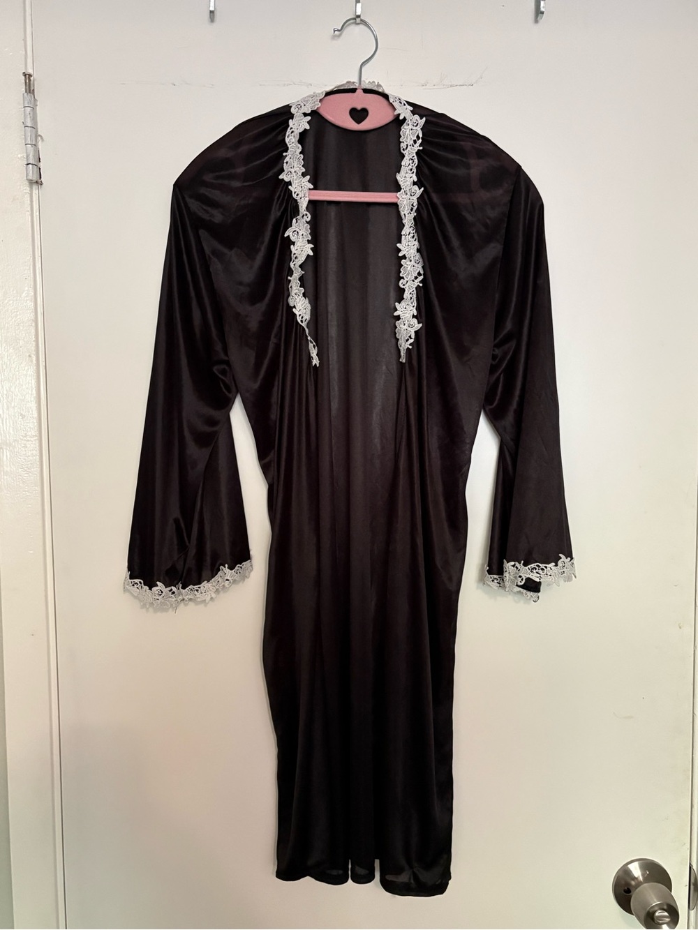 Vintage Lace-Trim Satin Robe - Black